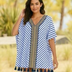 Cabana Life Navy and White Stripped Caftan with Gold Embroidery